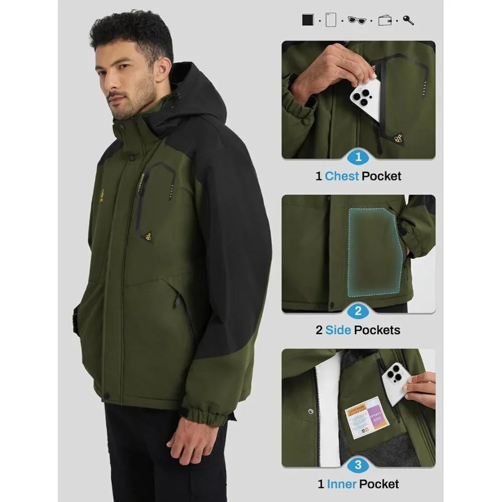 Men's Army Green Waterproof Winter Warm Snow Coat Fleece Lined Hiking Ski Jacket